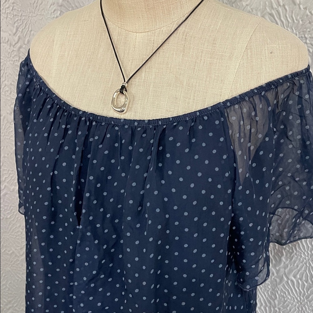 Chic Navy Sheer Blouse with Polka Dots - Picture 6 of 11